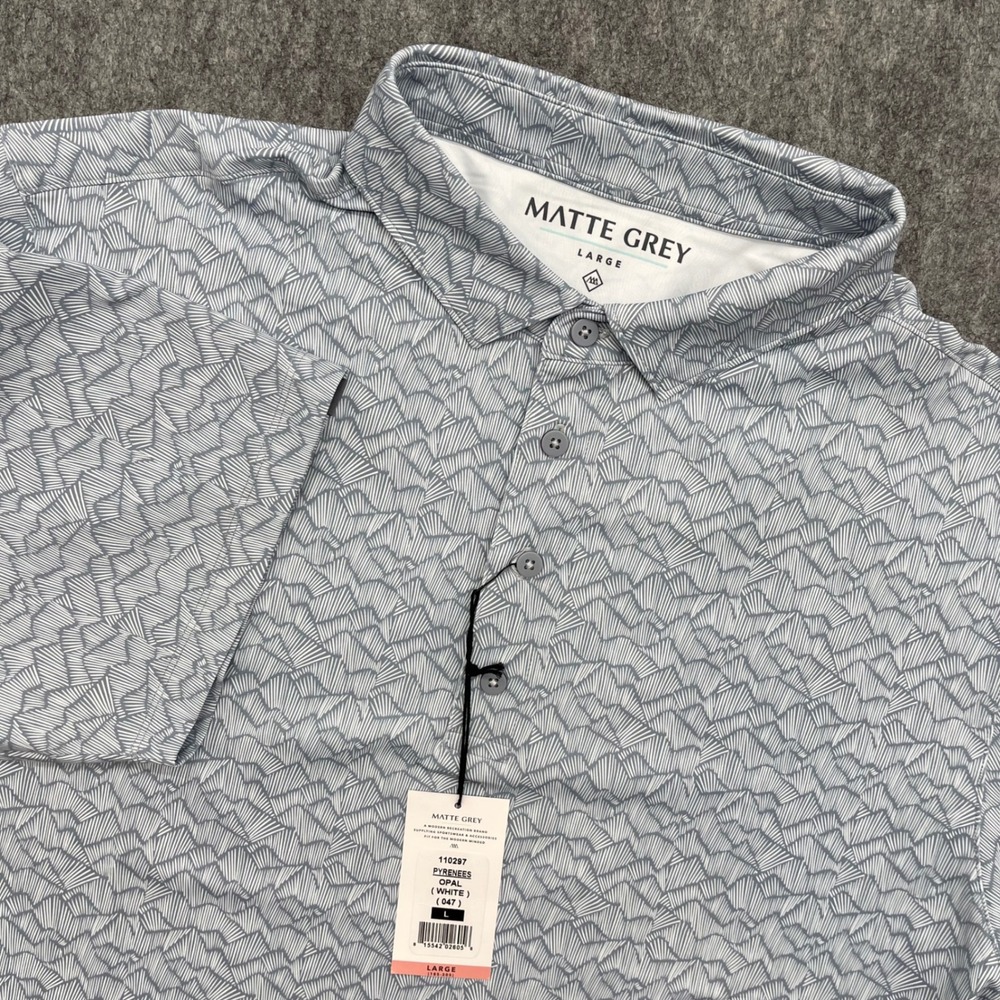 Matte Grey Shirt Mens Large Pyrenees Opal Polo White Grey Geometric Golf New